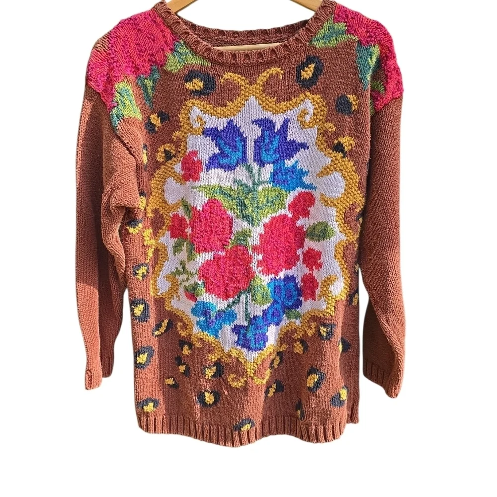 Vintage Floral Leopard Intarsia Knit Sweater Brown Red Cottagecore Grandmacore M - Picture 7 of 11